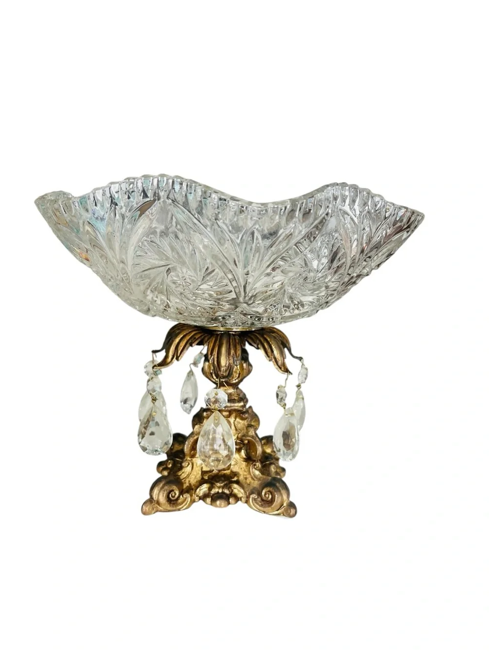 Vintage Italian Marble Crystal Compote Centerpiece Bowl Gilt Metal Prisms 10”